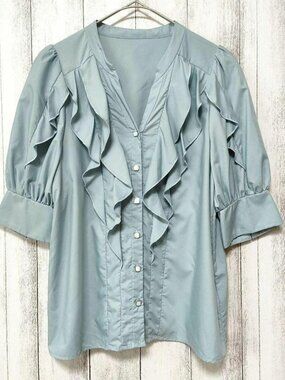 Theoro Frill V-Neck Blouse Blue
